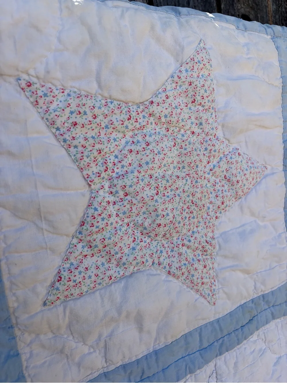 Antique Handmade Patchwork Star Quilt in Blue, Pink, & Yellow-62x78”